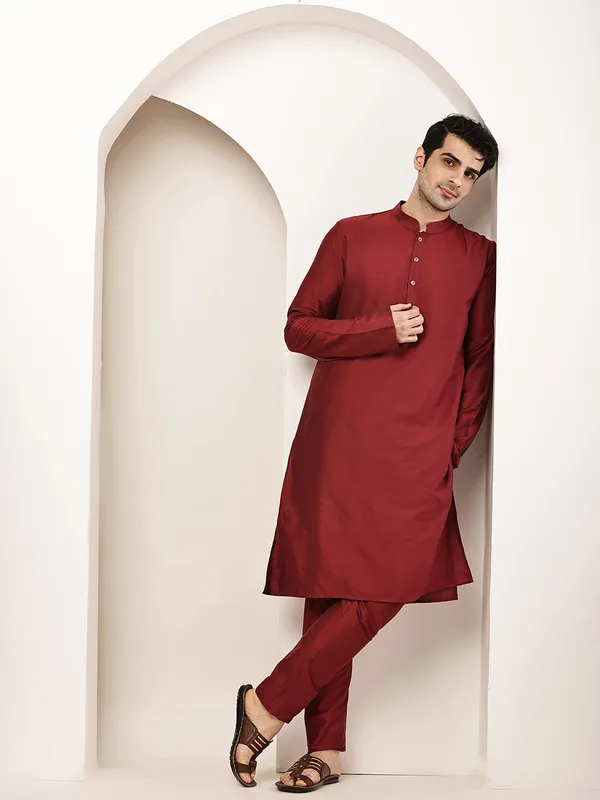 Dark_Red_Straight_Viscose_Silk_Kurta_For_Men