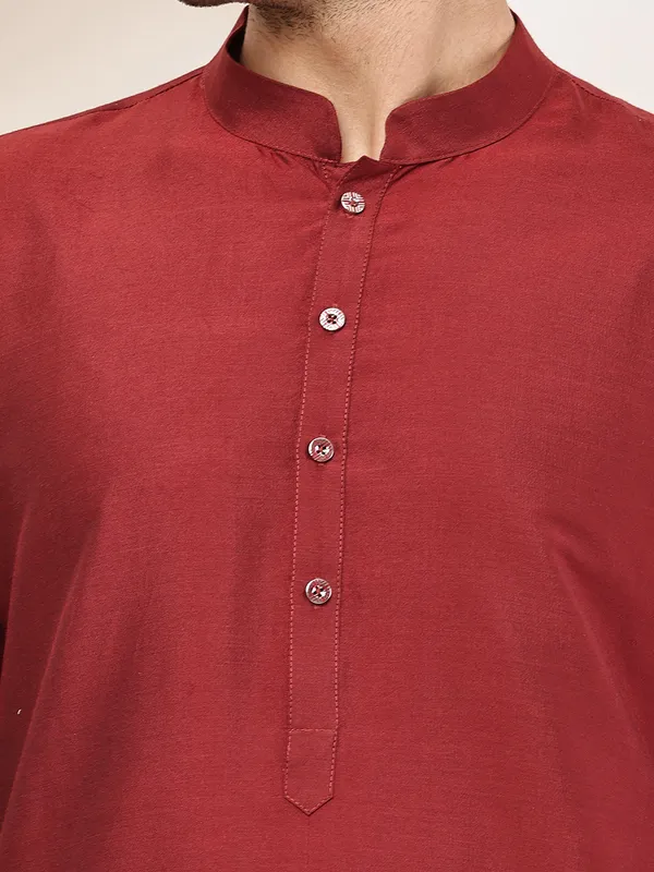 Dark_Red_Straight_Viscose_Silk_Kurta_For_Men