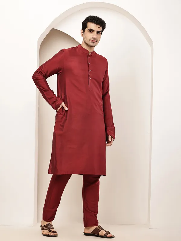 Dark_Red_Straight_Viscose_Silk_Kurta_For_Men
