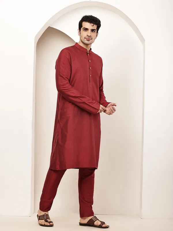 Dark_Red_Straight_Viscose_Silk_Kurta_For_Men