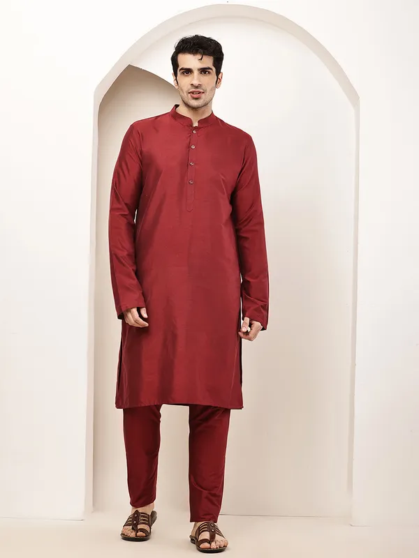 Dark_Red_Straight_Viscose_Silk_Kurta_For_Men