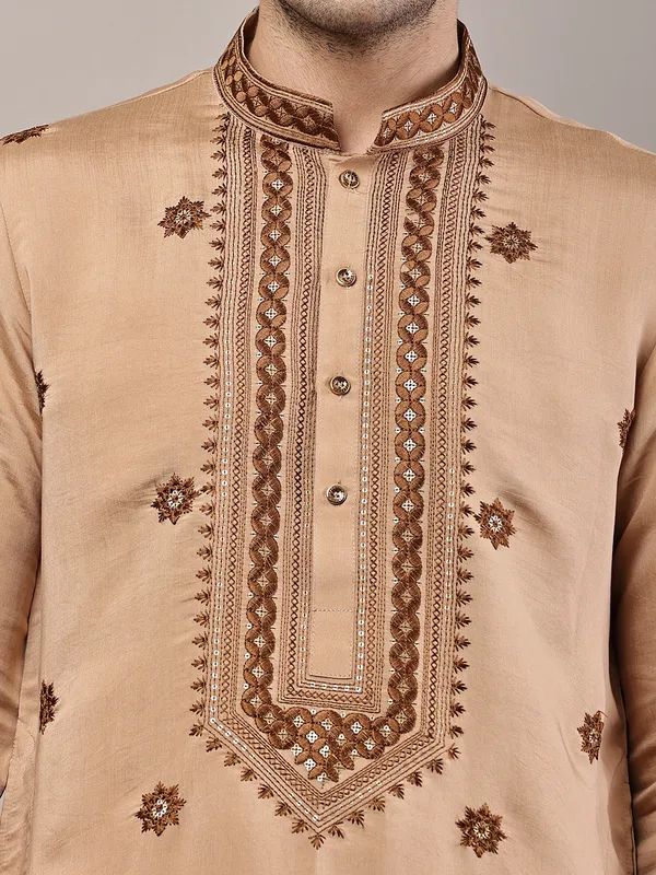 Brown_Embroidered_Kurta_Set_with_Cream_Pajama_For_Men