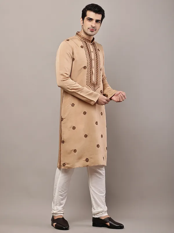 Brown_Embroidered_Kurta_Set_with_Cream_Pajama_For_Men
