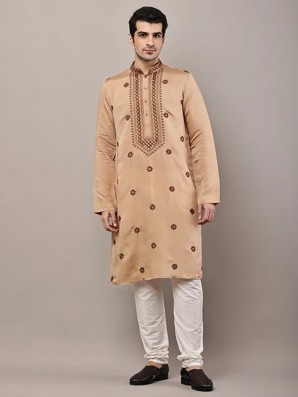 Brown_Embroidered_Kurta_Set_with_Cream_Pajama_For_Men