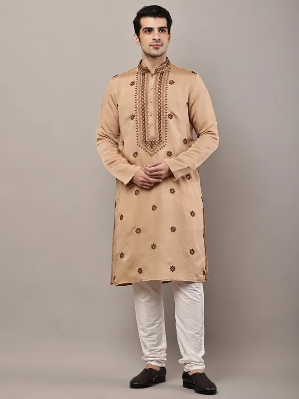 Brown_Embroidered_Kurta_Set_with_Cream_Pajama_For_Men