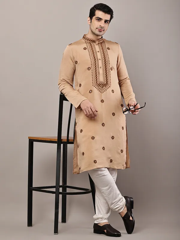 Brown_Embroidered_Kurta_Set_with_Cream_Pajama_For_Men
