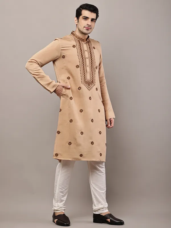 Brown_Embroidered_Kurta_Set_with_Cream_Pajama_For_Men