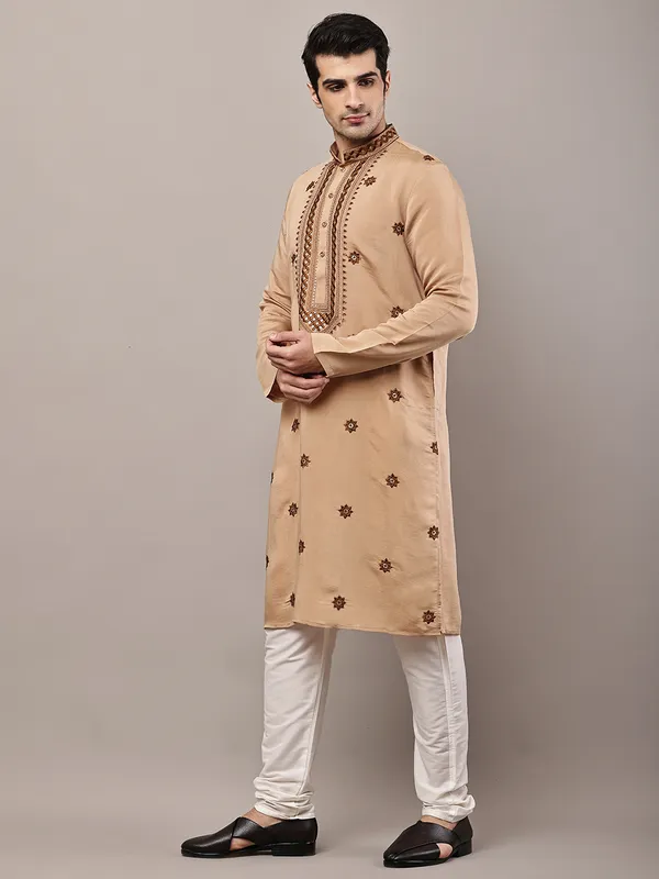 Brown_Embroidered_Kurta_Set_with_Cream_Pajama_For_Men
