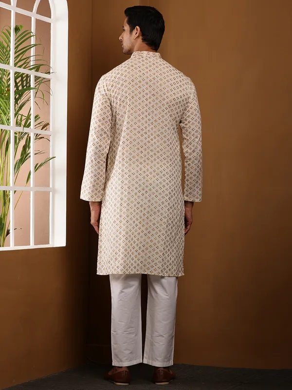 Beige_Viscose_Blend_Straight_Hem_And_Minimal_Print_Kurta_For_Men