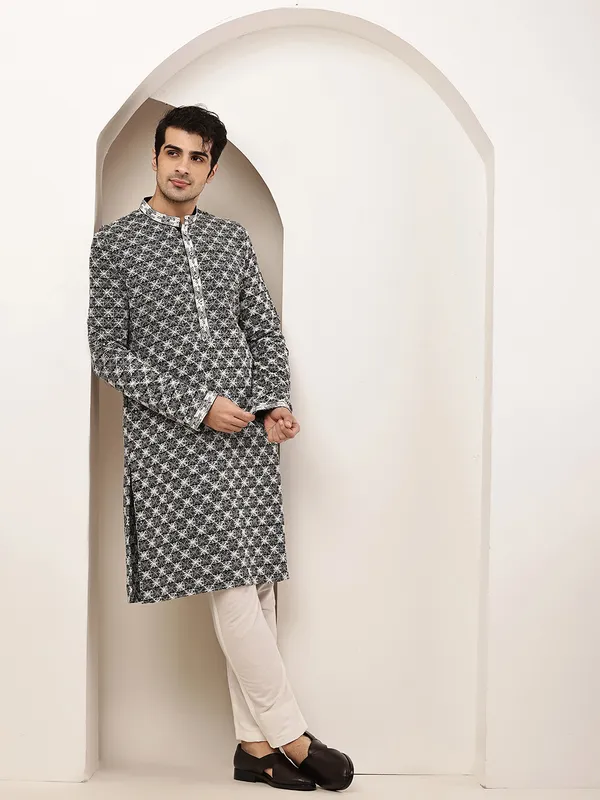 Black_&_White_Embroidered_Kurta_Set_with_Cream_Pajama_For_Men