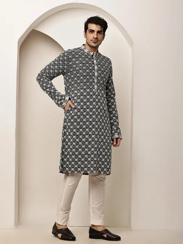 Black_&_White_Embroidered_Kurta_Set_with_Cream_Pajama_For_Men