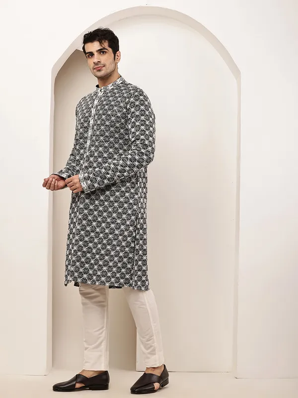 Black_&_White_Embroidered_Kurta_Set_with_Cream_Pajama_For_Men
