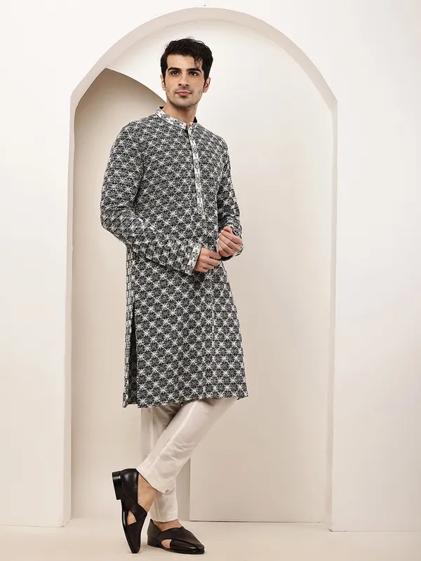 Black_&_White_Embroidered_Kurta_Set_with_Cream_Pajama_For_Men