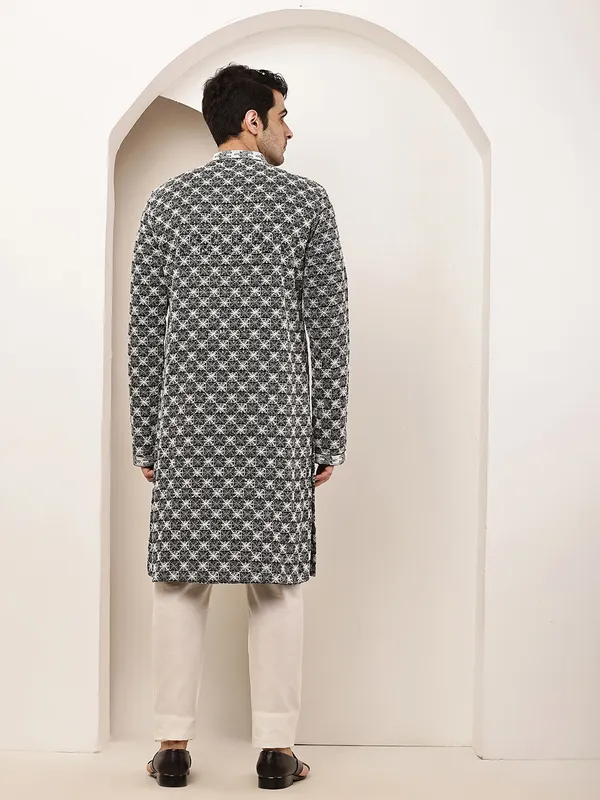 Black_&_White_Embroidered_Kurta_Set_with_Cream_Pajama_For_Men