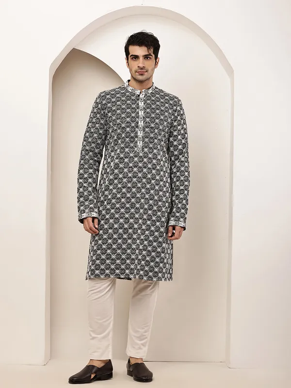 Black_&_White_Embroidered_Kurta_Set_with_Cream_Pajama_For_Men