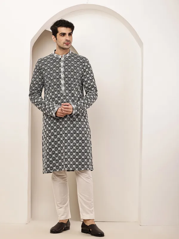 Black_&_White_Embroidered_Kurta_Set_with_Cream_Pajama_For_Men