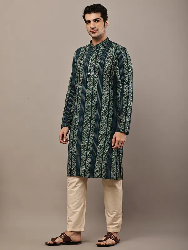 Dark_Green_Ethnic_Printed_Kurta_For_Men