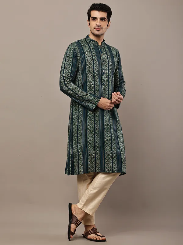 Dark_Green_Ethnic_Printed_Kurta_For_Men