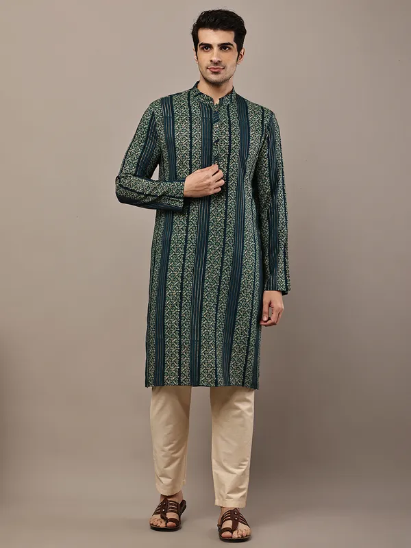 Dark_Green_Ethnic_Printed_Kurta_For_Men