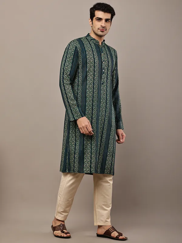 Dark_Green_Ethnic_Printed_Kurta_For_Men