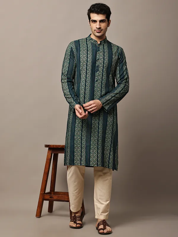 Dark_Green_Ethnic_Printed_Kurta_For_Men