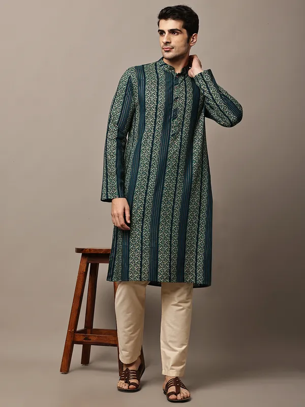 Dark_Green_Ethnic_Printed_Kurta_For_Men