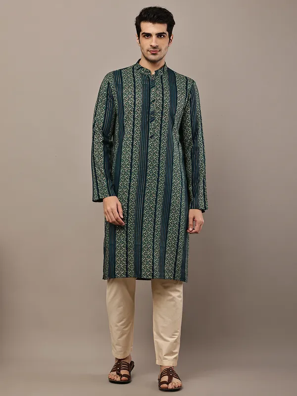 Dark_Green_Ethnic_Printed_Kurta_For_Men