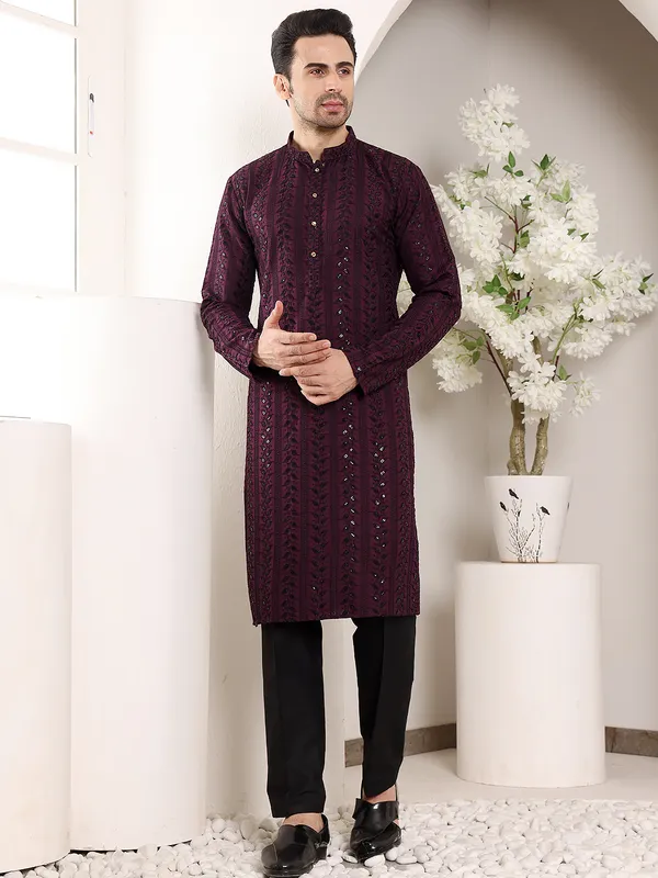 Purple_Straight_Viscose_Silk_Embroidered_Neckline_And_Motifs_Kurta_For_Men