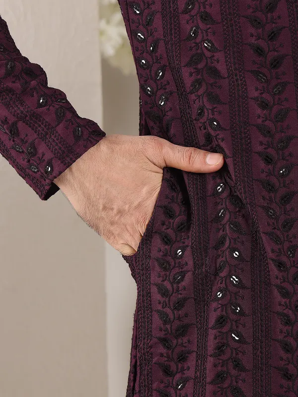 Purple_Straight_Viscose_Silk_Embroidered_Neckline_And_Motifs_Kurta_For_Men
