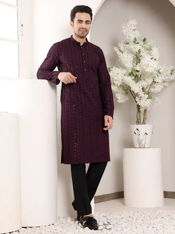 Purple_Straight_Viscose_Silk_Embroidered_Neckline_And_Motifs_Kurta_For_Men
