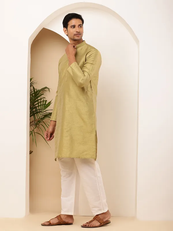 Light_Olive_Viscose_Blend_Self-Design_And_Mandarin_Collar_Kurta_For_Men