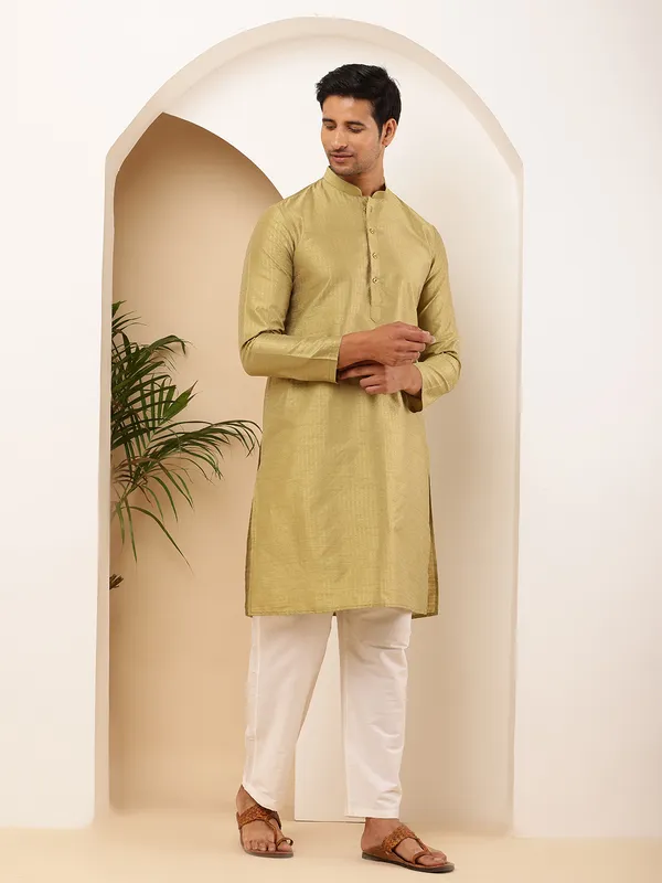 Light_Olive_Viscose_Blend_Self-Design_And_Mandarin_Collar_Kurta_For_Men