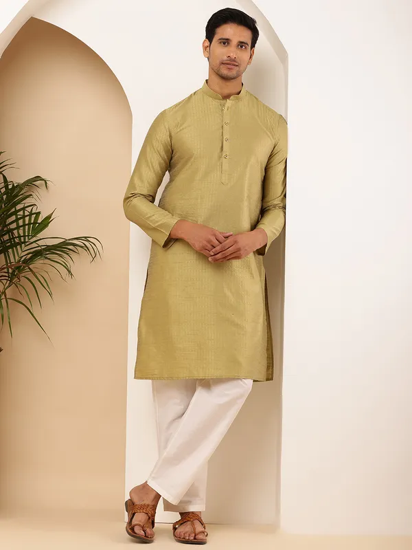 Light_Olive_Viscose_Blend_Self-Design_And_Mandarin_Collar_Kurta_For_Men