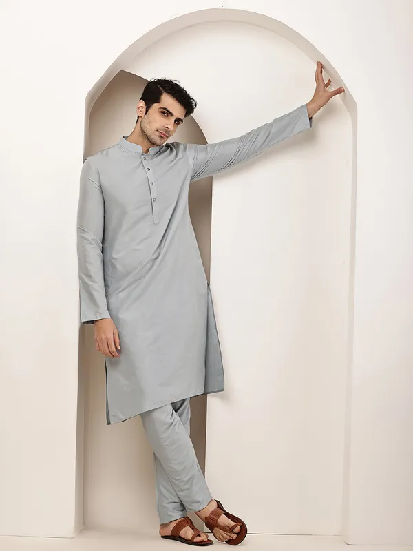 Blue_Straight_Viscose_Silk_Kurta_For_Men