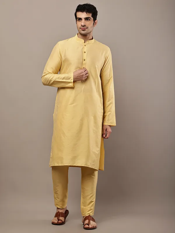 Yellow_Straight_Viscose_Silk_Kurta_For_Men