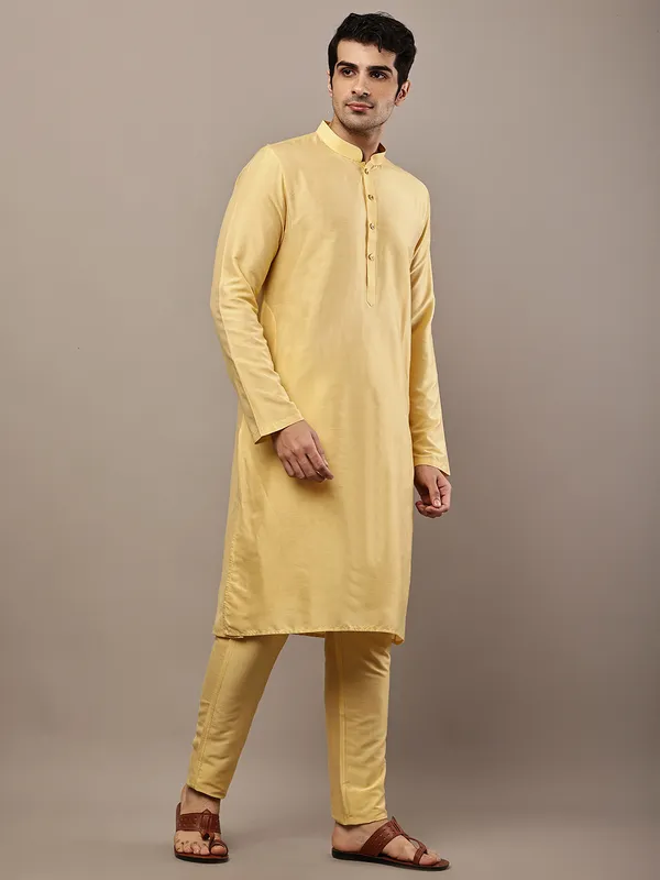 Yellow_Straight_Viscose_Silk_Kurta_For_Men