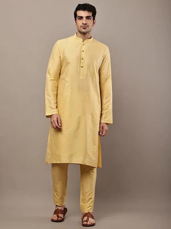 Yellow_Straight_Viscose_Silk_Kurta_For_Men