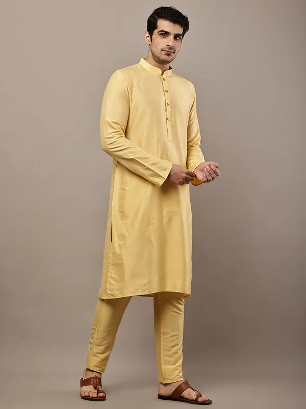 Yellow_Straight_Viscose_Silk_Kurta_For_Men