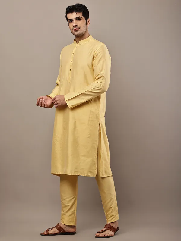 Yellow_Straight_Viscose_Silk_Kurta_For_Men