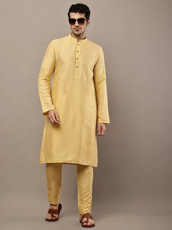 Yellow_Straight_Viscose_Silk_Kurta_For_Men