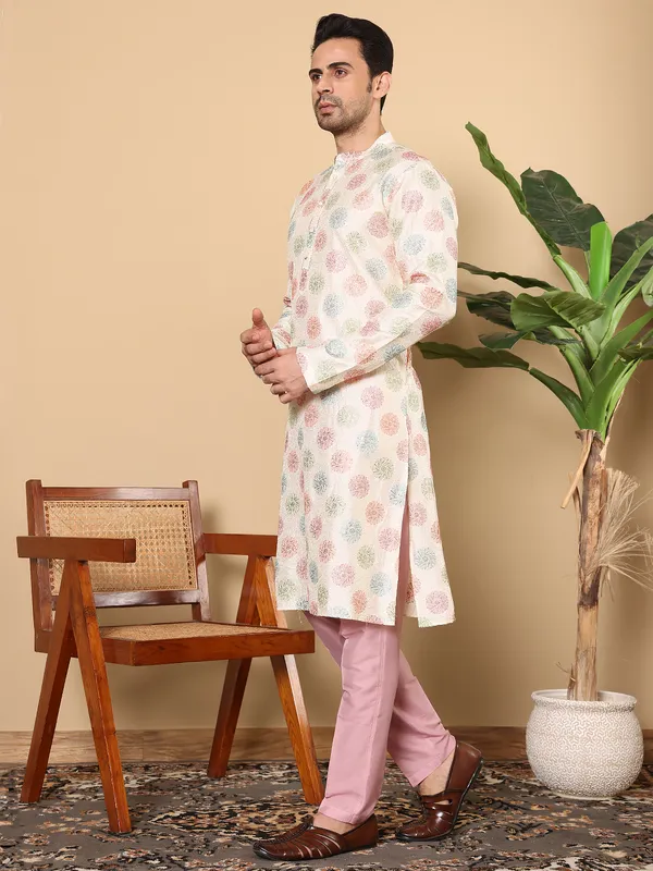 Cream_Straight_Viscose_Dupion_Silk_Printed_Kurta_For_Men