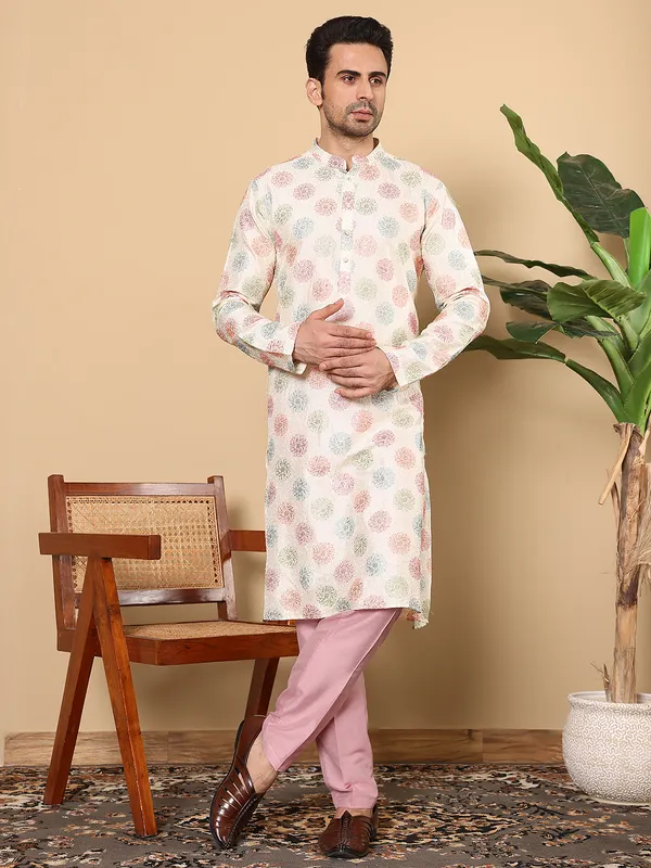 Cream_Straight_Viscose_Dupion_Silk_Printed_Kurta_For_Men