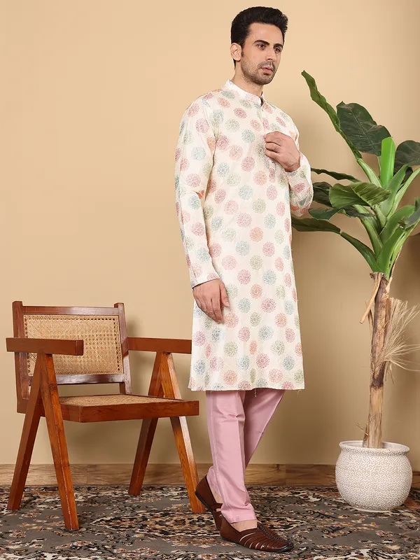 Cream_Straight_Viscose_Dupion_Silk_Printed_Kurta_For_Men