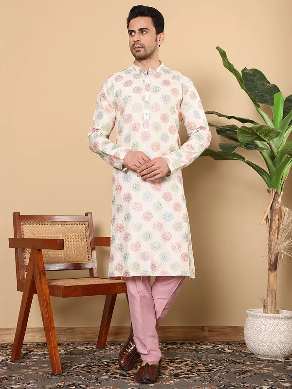 Cream_Straight_Viscose_Dupion_Silk_Printed_Kurta_For_Men