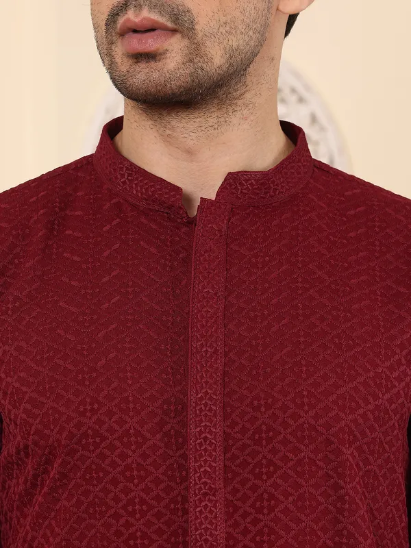 Rayon_Silk_Straight_Classic_Red_Chikankari_Kurta_For_Men