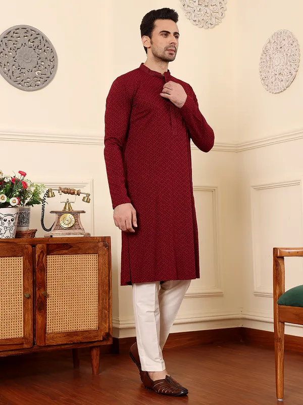 Rayon_Silk_Straight_Classic_Red_Chikankari_Kurta_For_Men