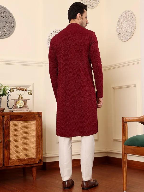 Rayon_Silk_Straight_Classic_Red_Chikankari_Kurta_For_Men