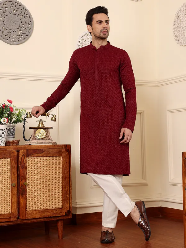 Rayon_Silk_Straight_Classic_Red_Chikankari_Kurta_For_Men