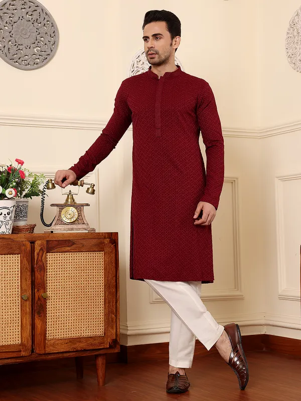 Rayon_Silk_Straight_Classic_Red_Chikankari_Kurta_For_Men