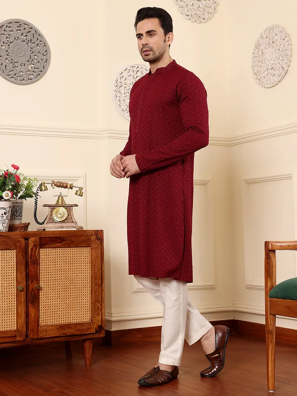 Rayon_Silk_Straight_Classic_Red_Chikankari_Kurta_For_Men